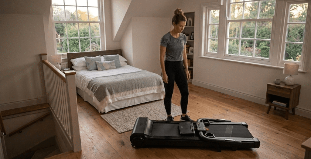 Woman about to unfold a flat folding treadmill in a loft converted bedroom