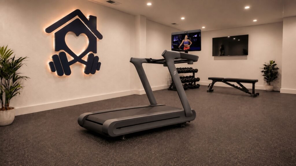 Peloton Tread treadmill in a modern home gym.