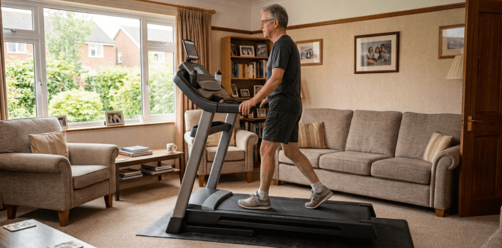 Man walking on a treadmill in their front lounge