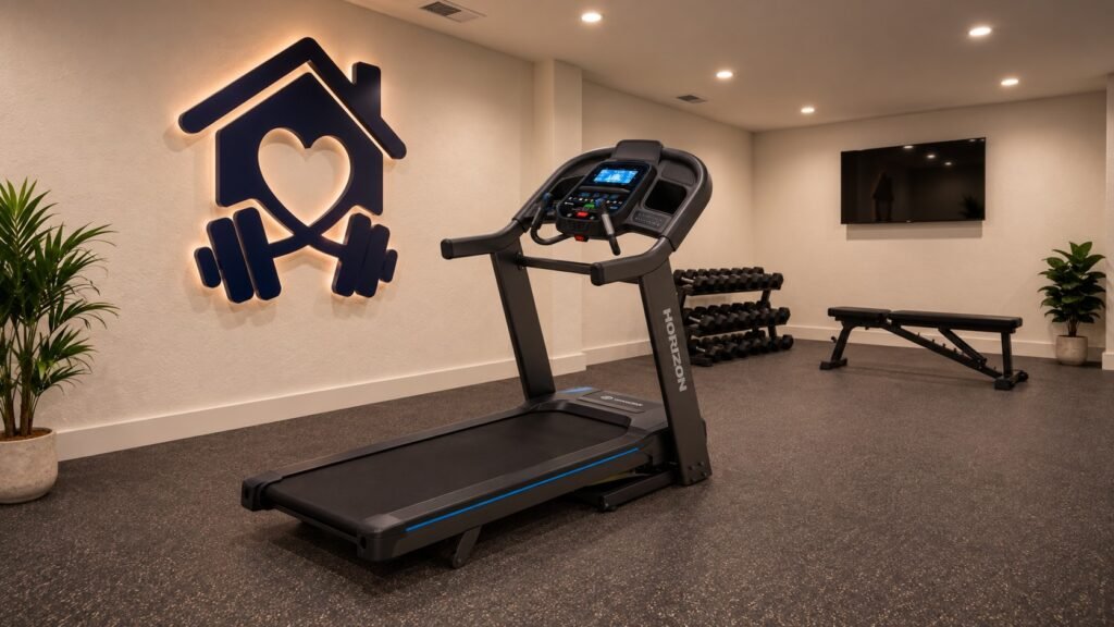 Horizon 7.4AT-24 treadmill in a modern home gym