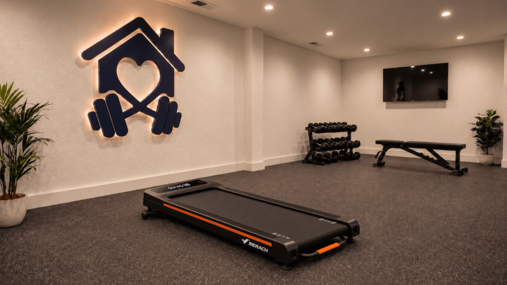 Merach T25 walking pad in a modern home gym.