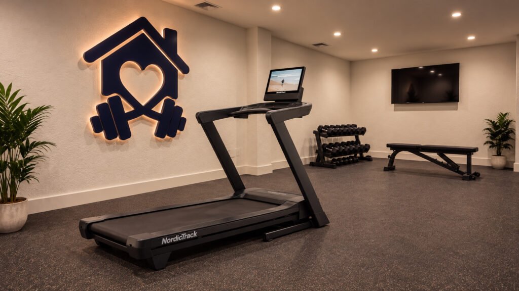 Nordictrack T Series 16 treadmill in a modern home gym.